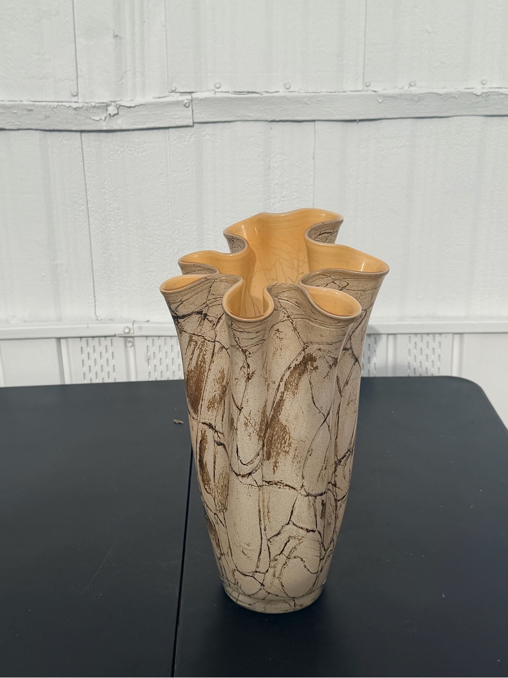 Vintage Art Glass Handkerchief Ruffle Vase Amber Brown Swirl Home Decor